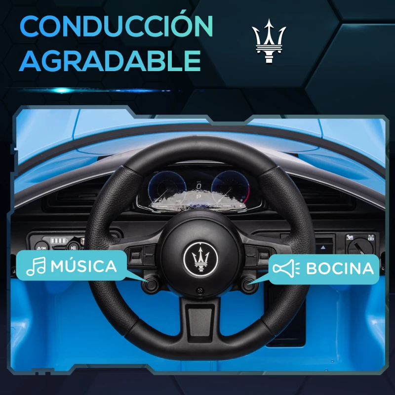 AIYAPLAY Coche Eléctrico para Niños con Licencia Maserati MC20 con Batería 12V Mando a Distancia Faros Bocina Música Azul