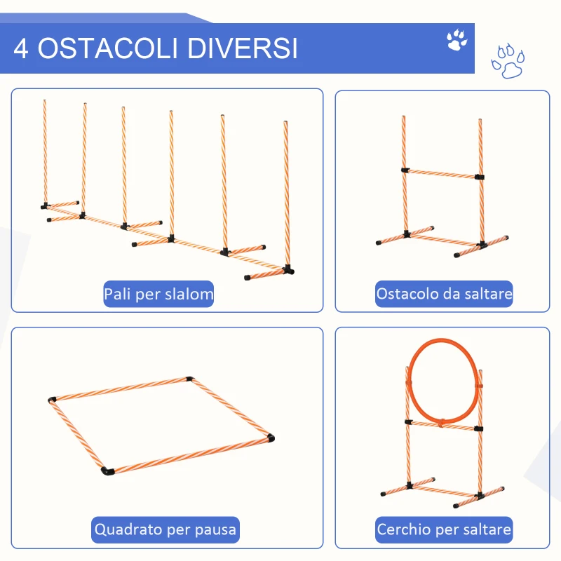 PawHut Set Agility Dog per Addestramento Cani con Slalom, Ostacoli Regolabili, Fischietto e Sacca di Trasporto