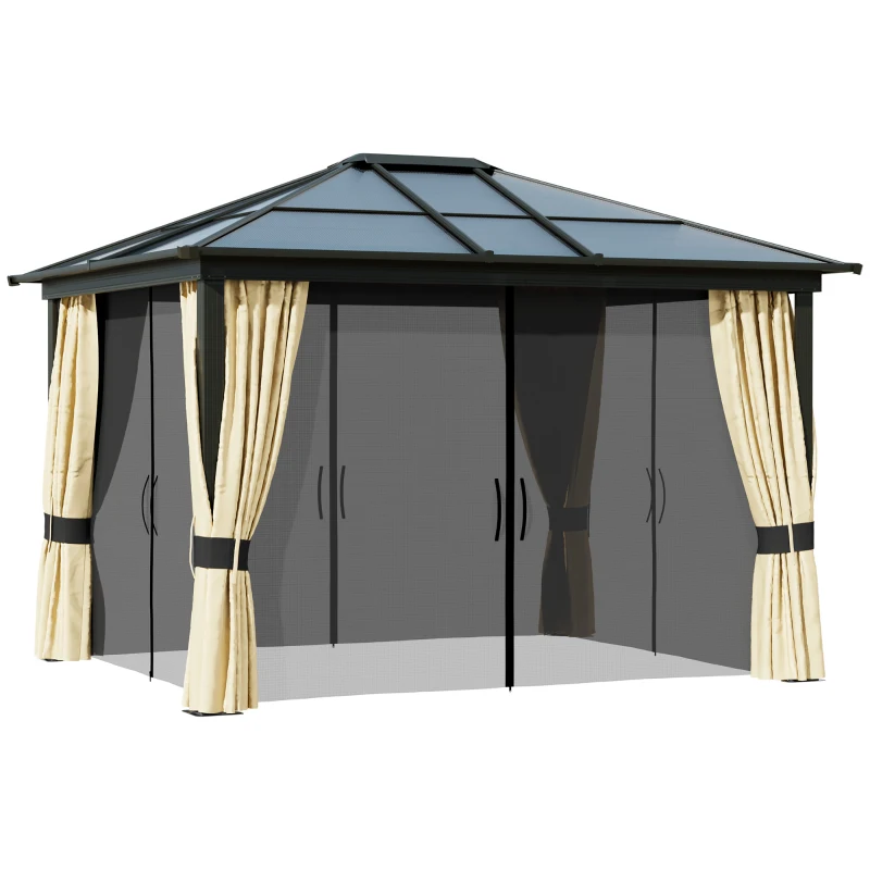 Outsunny 3 x 3.6m Polycarbonate Hardtop Gazebo with LED Solar Light and Aluminium Frame, Garden Pavilion with Mosquito Netting and Curtains