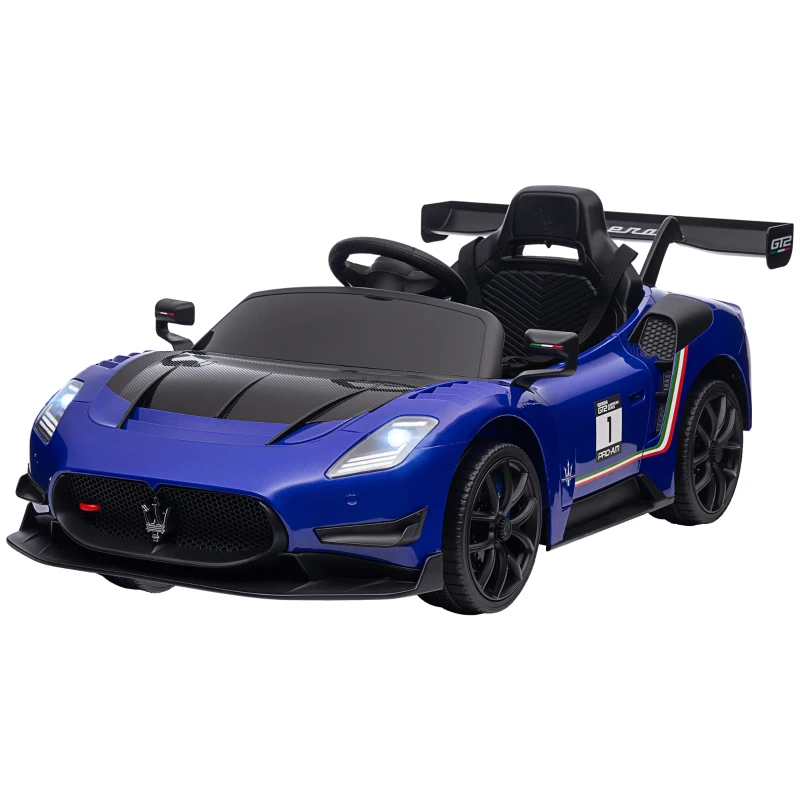 AIYAPLAY Coche Eléctrico para Niños de +3 Años Maserati GT2 con Mando a Distancia Faros LED Bocina Música Ruedas Auxiliares Azul(m-10)