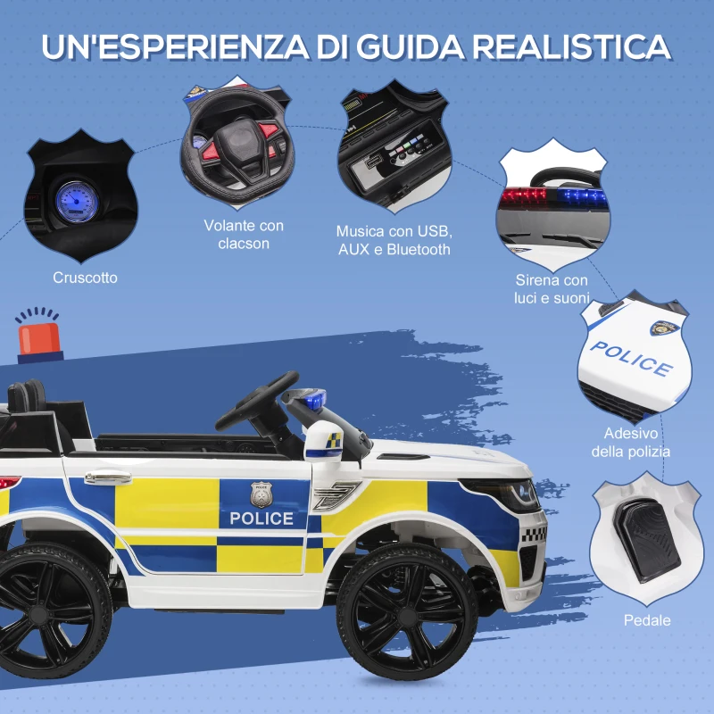 HOMCOM Macchina Elettrica per Bambini della Polizia, Batteria 12V e Telecomando, Sirena Luci Attacco USB per Musica, 110x68x52cm, Bianco(m-4)