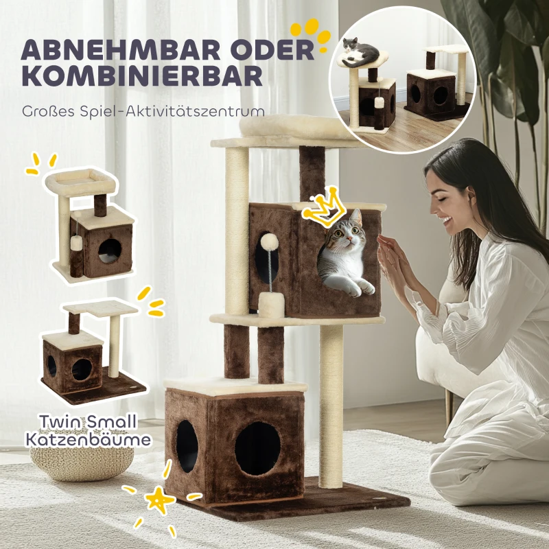 PawHut Katzenbaum, teilbarer Katzenturm mit Kratzpfosten, Sprungplattformen, für den Indoor-Bereich, Dunkelbraun+Weiß