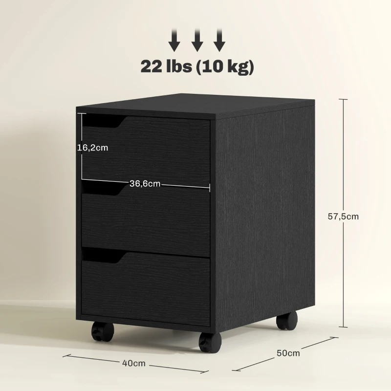 HOMCOM Cajonera de Oficina con Ruedas 3 Cajones Cajonera para Escritorio Estudio 40x50x57,5 cm Negro