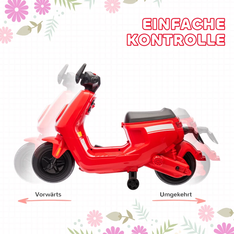 AIYAPLAY 6V Elektro-Motorrad für Kinder, mit Scheinwerfer und Musik, Vor- und Rückwärtsgang, Trainingsräder, 18-36 Monate, Rot
