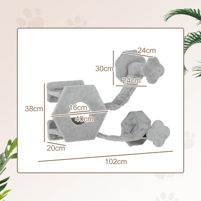 PawHut Katzen Kletterwand, inkl. Katzenhaus, Leitern, Spielball, platzsparend, Hellgrau