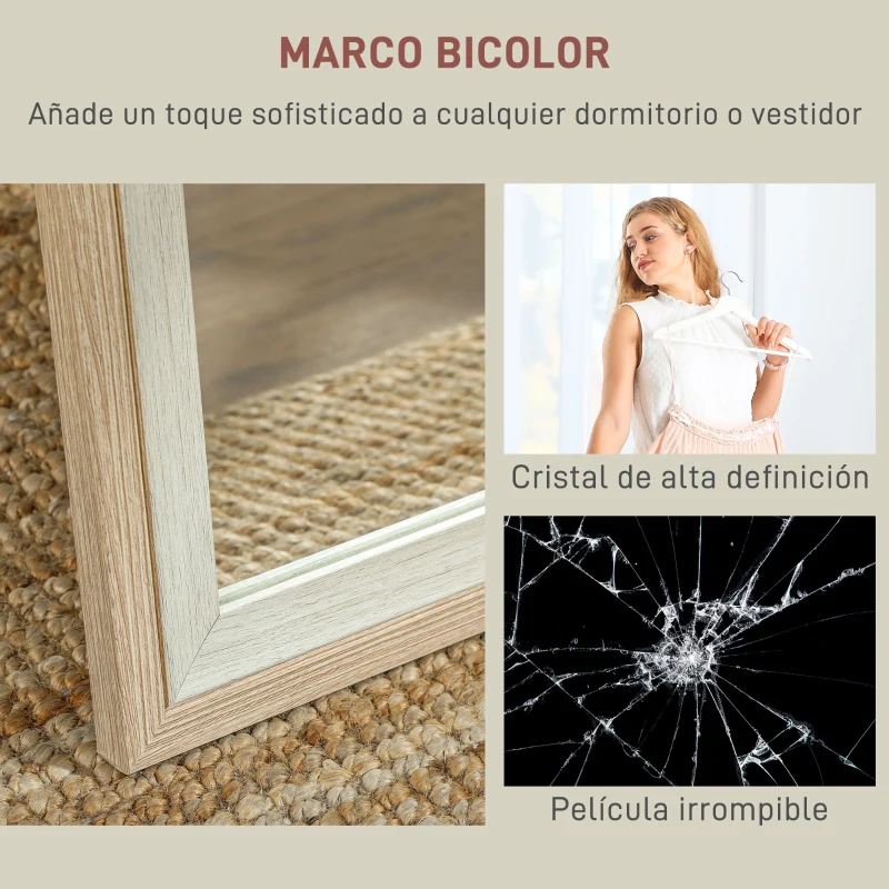 HOMCOM Espejo de Cuerpo Entero 157x37 cm Espejo de Pie o de Pared con Marco de MDF y Soporte Blanco y Natural