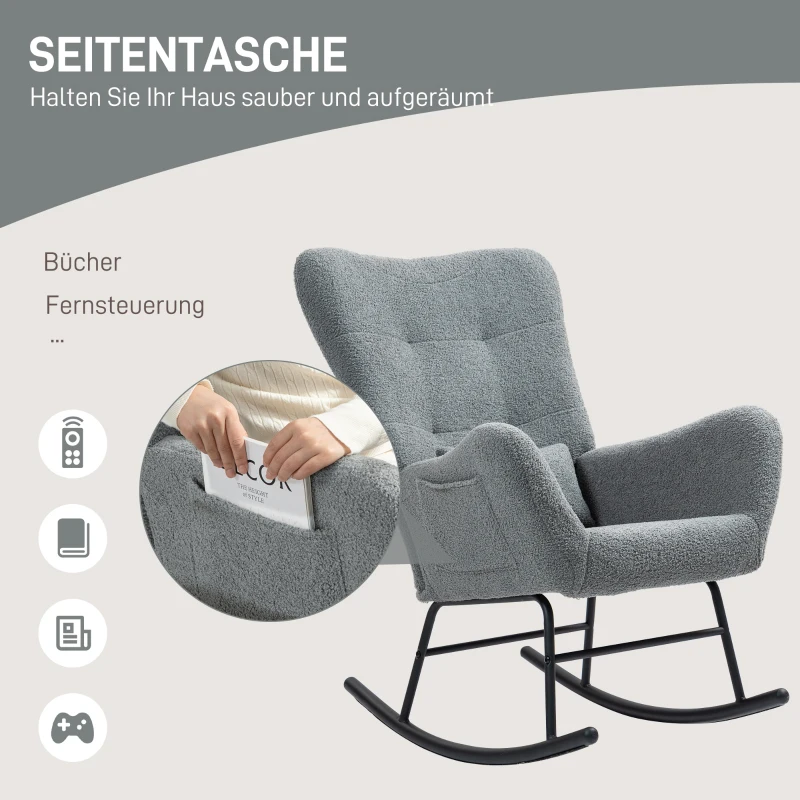 HOMCOM Schommelstoel, Pluizige Bekleding, Lendekussen, Antislip, Tot 120 kg, Grijs(m-6)