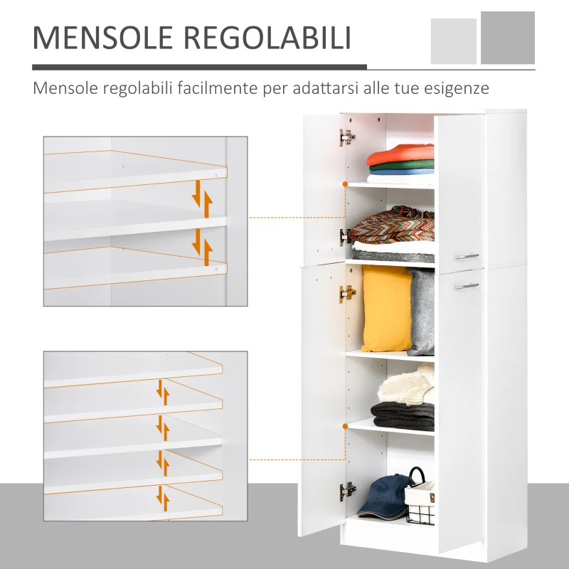 HOMCOM Armadio Multiuso a 4 Ante con Mensole Regolabili in MDF, 59x31x155cm, Bianco