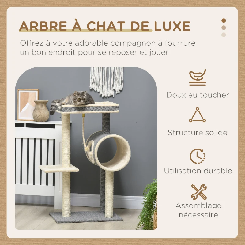 PawHut Arbre à chats griffoir en sisal panier pour chat poteaux à gratter tunnel balles suspendues et perchoirs