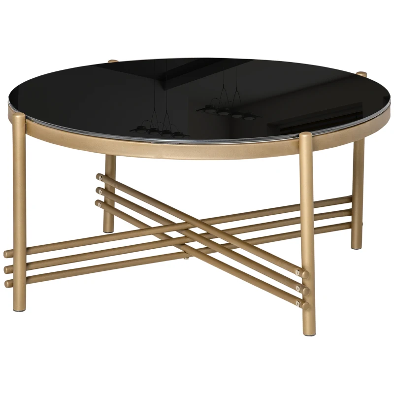 HOMCOM Tavolino da Caffè con Piano in Vetro Temperato e Base in Metallo, Ø85x41cm, Nero e Oro