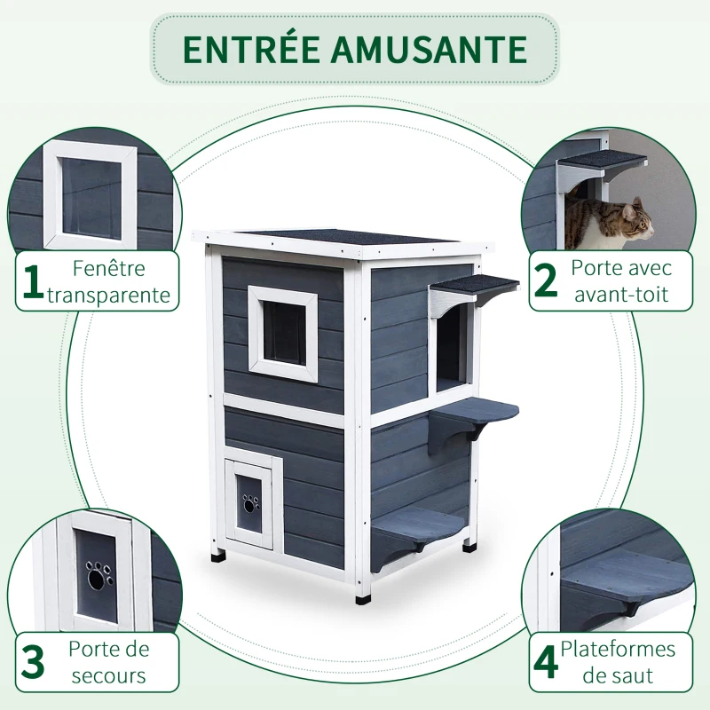 PawHut Maisonnette pour chats sur 2 étages en bois intérieur et extérieur toit rabattable 51 x 51 x 81,3 cm blanc et gris