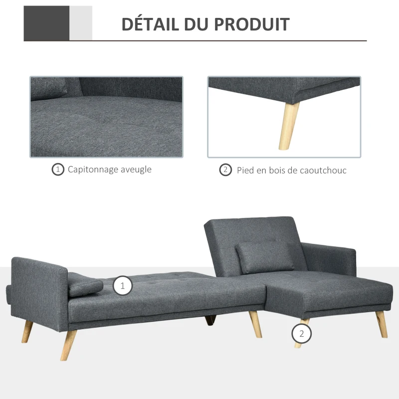 HOMCOM Canapé d'angle convertible avec méridienne 3 places accoudoirs 3 coussins rembourrées 245 x 127 x 83 cm gris
