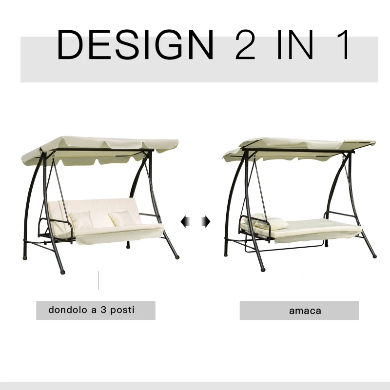 Outsunny Dondolo da Giardino 3 Posti convertibile in Letto con Tetto Reclinabile e Cuscini, 200x125x170 cm, Crema