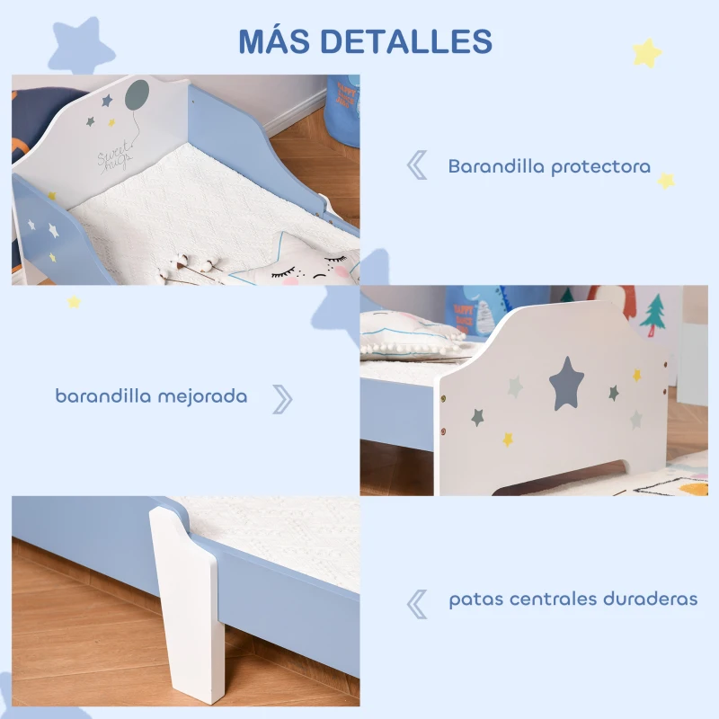 HOMCOM Cama para Niños de +3 Años 143x74x59 cm Cama Infantil de Madera con Estampado con Estrellas Carga 50 kg Azul y Blanco