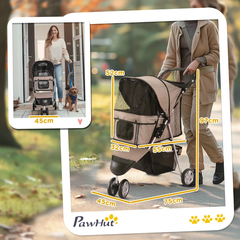 PawHut Poussette buggy pliable animaux, chariot pliant chien chat, porte-gobelet panier de rangement inclus, roues avec frein, tissu 600D Oxford acier, 75 x 45 x 97 cm marron(m-3)