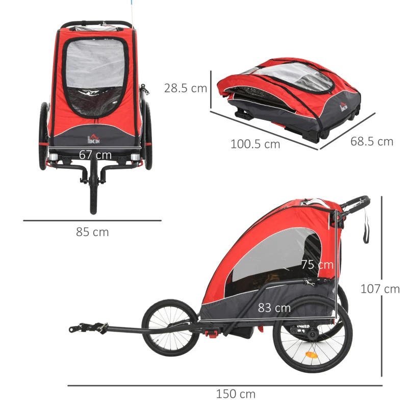HOMCOM Remolque Infantil 3 en 1 para Bicicleta Carrito para Correr de 2 Plazas para Niños de +6 Meses Plegable Ruedas Giratorias y Manillar Ajustable 150x85x107 cm Rojo