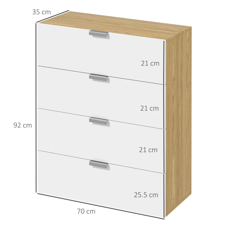 HOMCOM Cómoda con 4 Cajones de Alto Brillo Cajonera de Madera para Dormitorio Salón Oficina 70x35x92 cm Blanco y Natural