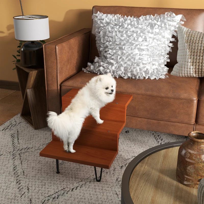 PawHut Haustiertreppe Hundetreppe, 3 Stufen, Kiefernholz, 46 cm x 54 cm x 42,5 cm,  Braun + Schwarz