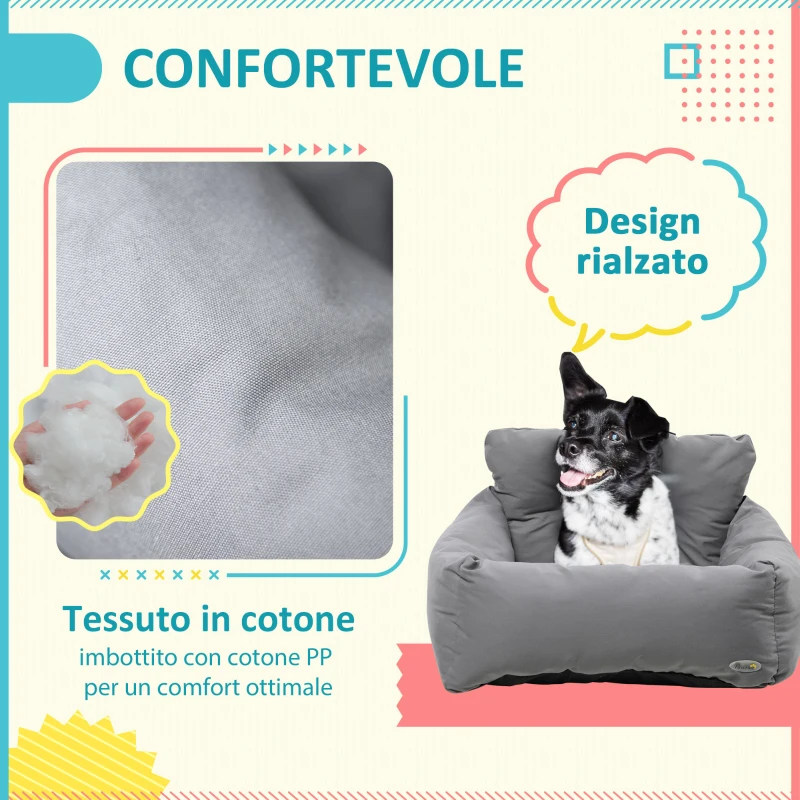 PawHut Seggiolino Auto per Cani Piccoli Sfoderabile e Lavabile con Cinghie di Sicurezza, Grigio Scuro