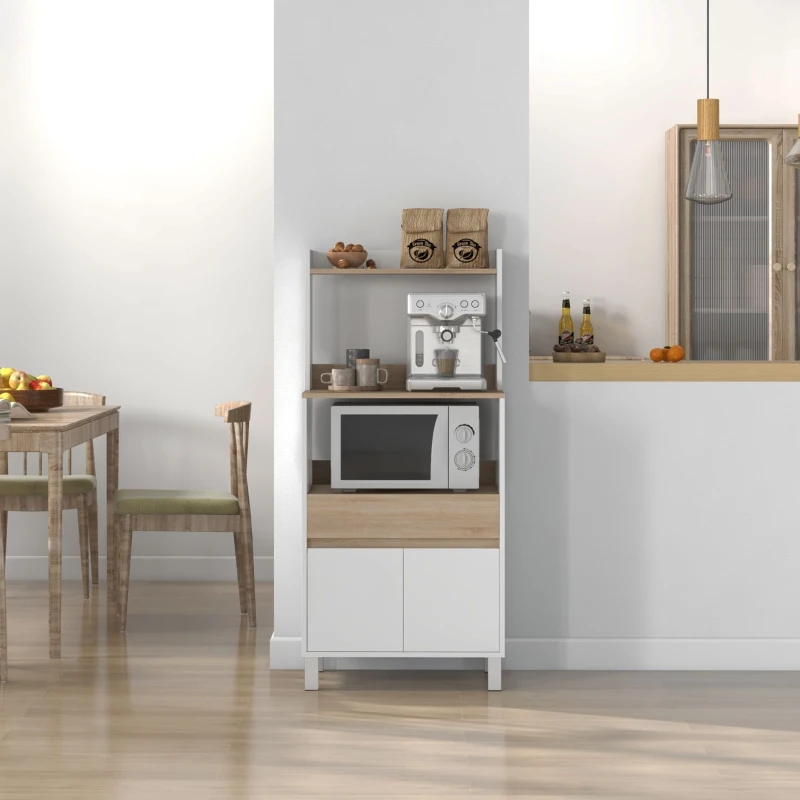 HOMCOM Meuble desserte de cuisine pour micro-ondes avec placard tiroir étagère supérieur 60 x 40 x 131 cm naturel et blanc