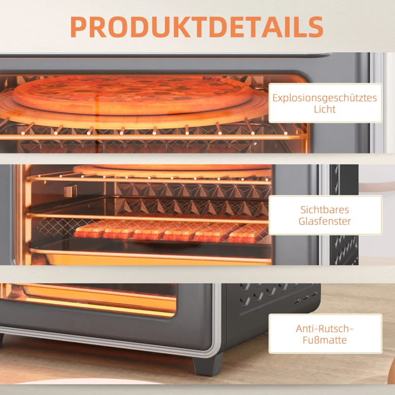 HOMCOM Minibackofen, 20L, 5 Funktionen, 360° Heißluft, Grillrost, Krümelblech, Grau(m-8)