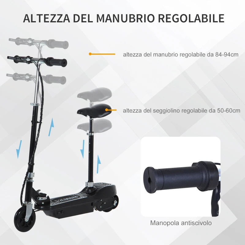 HOMCOM Monopattino Elettrico Pieghevole per Bambini con Seggiolino Regolabile, in Metallo e PE Nero, 78x37x99 cm