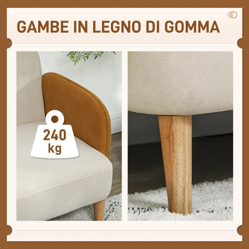 HOMCOM Divano 2 Posti Stile Nordico in Tessuto Effetto Velluto e Legno, 138x73x74 cm, Crema e Arancione