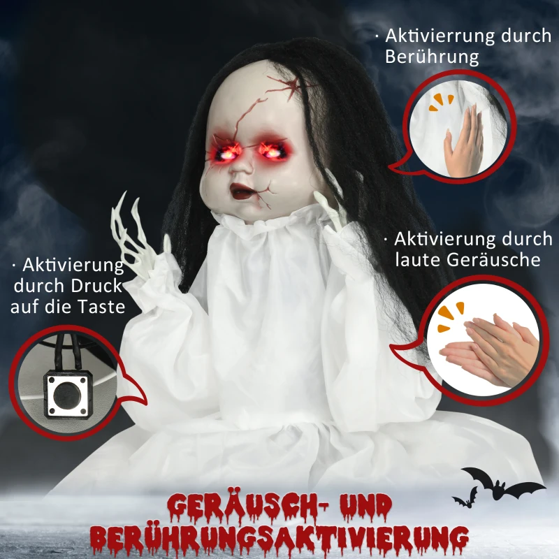 HOMCOM Halloween-Dekoration Horrorpuppe, LED-Augen, heult, springt hoch, Geräusch- & Bewegungssensor, 60 cm