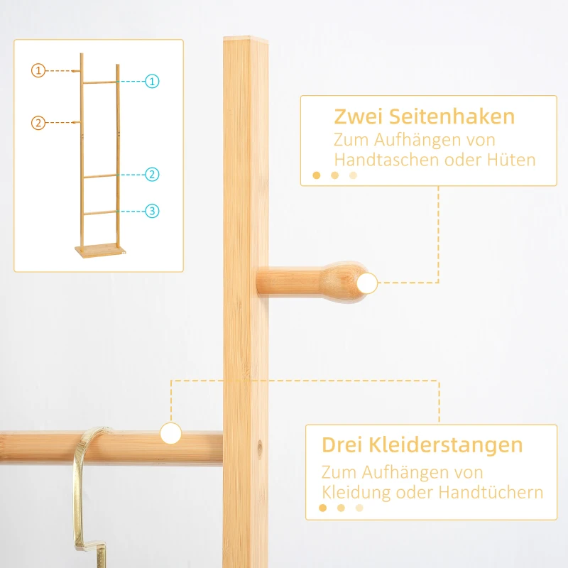 HOMCOM Moderner Garderobenständer, 2 Haken & 3 Stangen, robustes Bambus, 36x24x168 cm, Natur