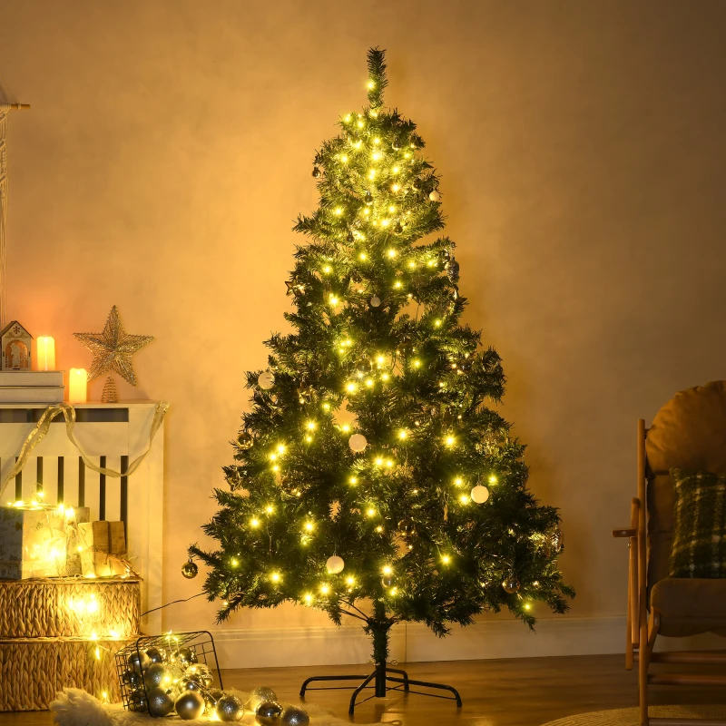 HOMCOM Árbol de Navidad Artificial Árbol de 180 cm con Luces Preinstaladas y Adornos Incluidos Ø112x180 cm Verde