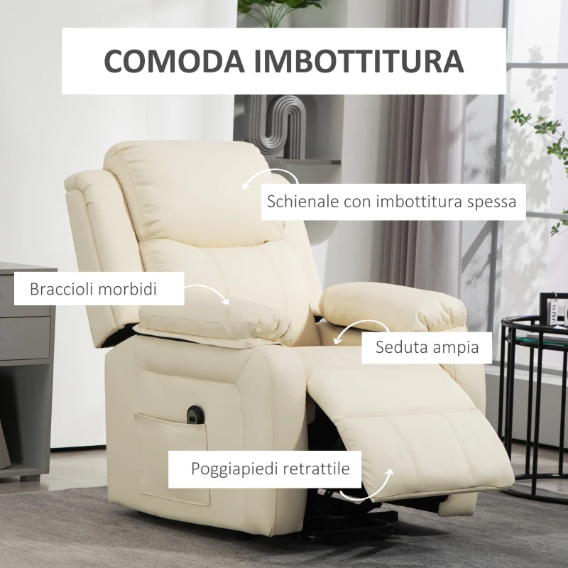 HOMCOM Poltrona Alzapersona Reclinabile a 160° con Poggiapiedi e Telecomando, in Pelle PU e Acciaio, 76x90x105 cm, Crema