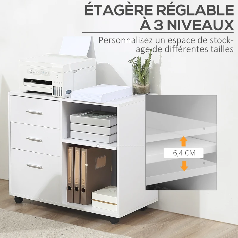 HOMCOM Support d'imprimante organiseur bureau caisson 3 tiroirs + 2 niches + grand plateau panneaux particules blanc