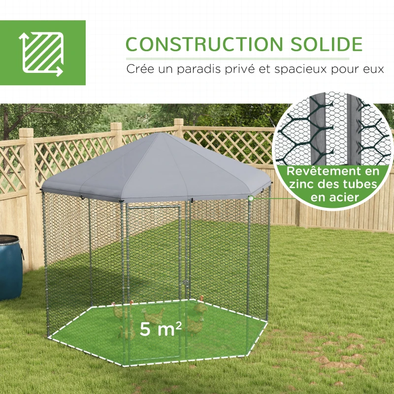 PawHut Enclos poulailler extérieur 5 m² parc grillagé dim. 2,8L x 2,45l x 2,46H - espace couvert - 5/8 poules