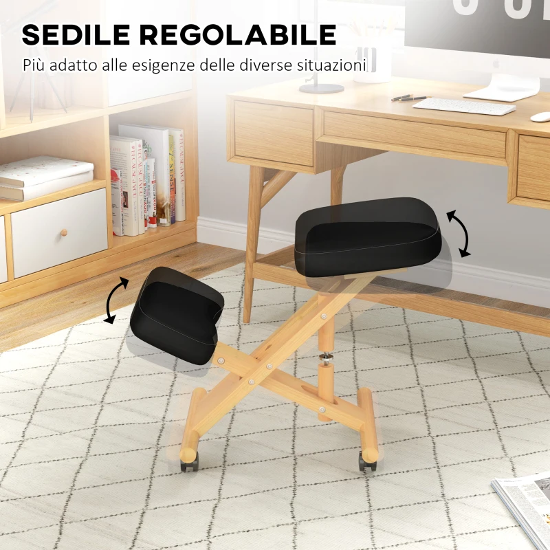 HOMCOM Sedia Ergonomica Posturale con Inginocchiatoio, Altezza Regolabile e Rotelle in Legno, Nero