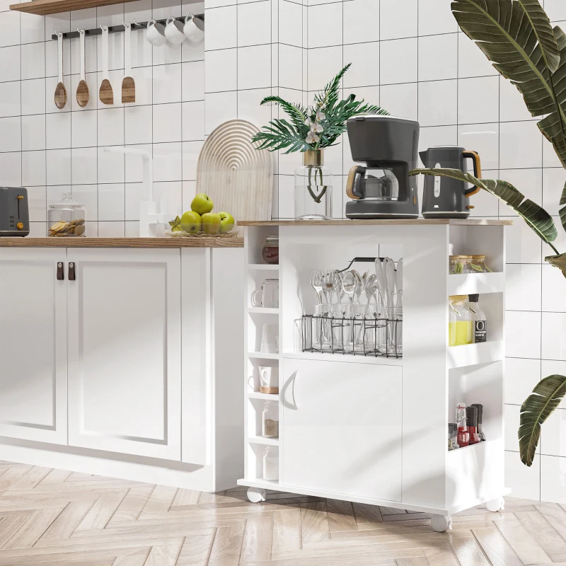 HOMCOM Mueble Auxiliar con Ruedas Carrito de Cocina de Estilo Moderno con Puerta y Compartimientos 75x39,5x88 cm Blanco