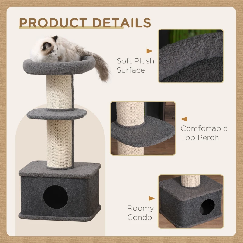 PawHut 96cm Cat Tree for Indoor Cats Kitten Tower Multi level Activity Center Pet Furniture with Sisal Scratching Post Condo Removable Cover Grey