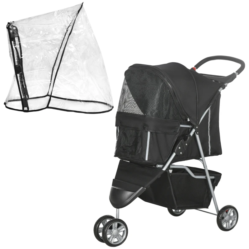 PawHut Pet Travel Stroller with Rain Cover, 3 Wheels Foldable Cat Dog Pushchair with Storage Basket and Cupholder for Small Miniature Dogs(Black)