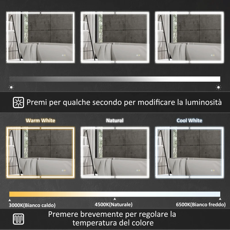 HOMCOM Armadietto a Specchio d Bagno con Luci LED e Ripiani Regolabili, in Vetro e Alluminio, 80x12.8x60 cm, Nero