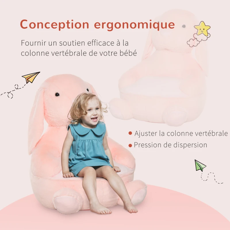 HOMCOM Fauteuil Enfant Lapin dim. 60L x 50l x 59H cm garnissage Moelleux Coton revêtement Peluche Douce Courte Rose