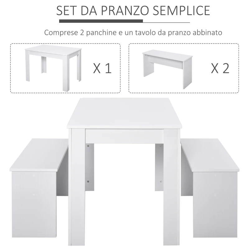 HOMCOM Set 3 Pezzi Tavolo con 2 Panche per Cucina, Bar o Sala da Pranzo Moderna, in Legno Bianco, 2 Posti, 110x70x75cm