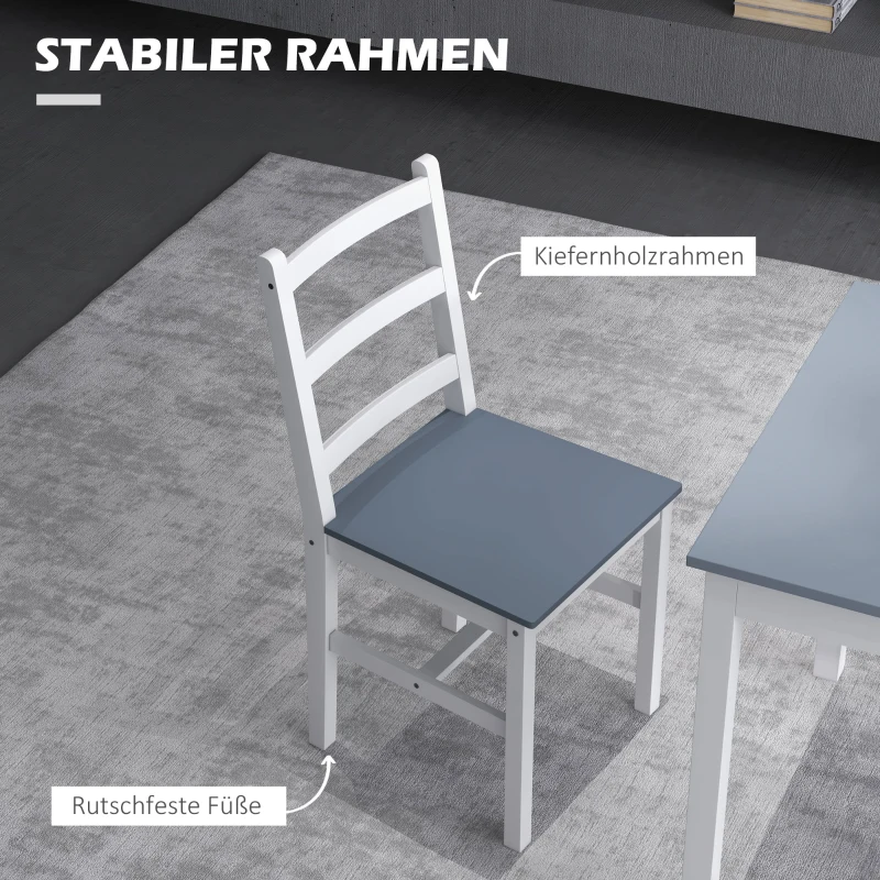 HOMCOM Essgruppe für 2 Personen, 2 Stühle, 1 Tisch, Kiefernholz, Weiß + Grau