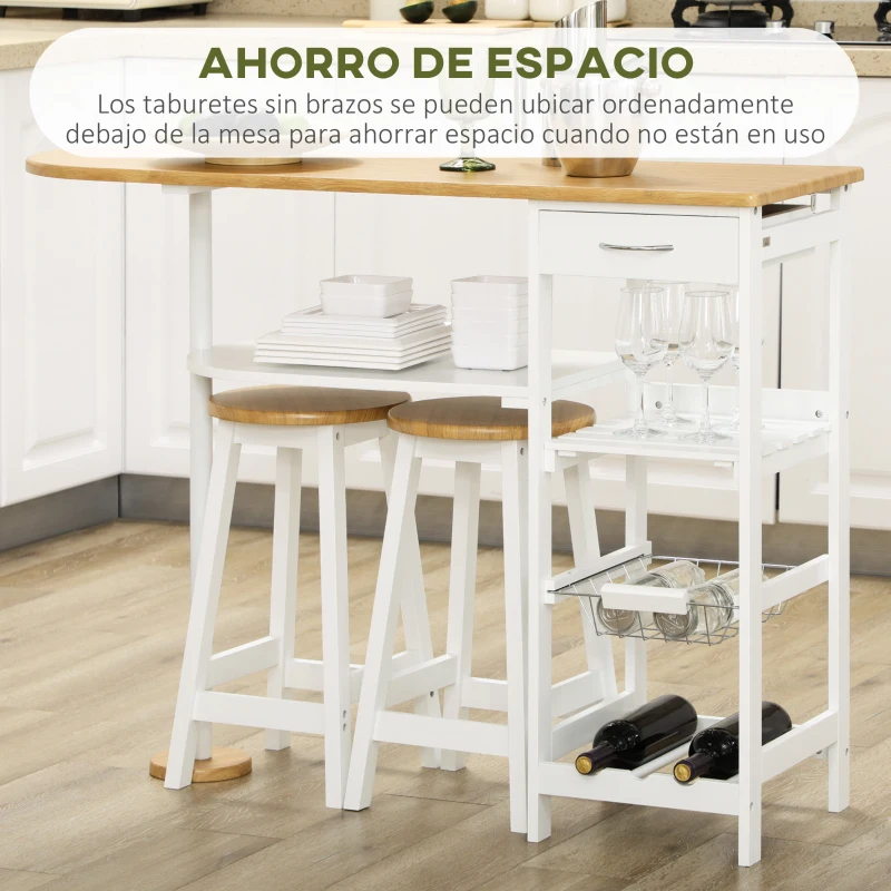 HOMCOM Set de Mesa de Bar de 119x38,5x88,5 cm con Cesta Extraíble y Botellero y 2 Taburetes de 29x29x55 cm Blanco(m-5)