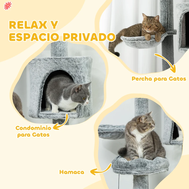 PawHut Árbol para Gatos de Suelo a Techo de 225-255 cm con Altura Ajustable Plataformas Cueva Cama Hamaca Rampa Bolas Gris