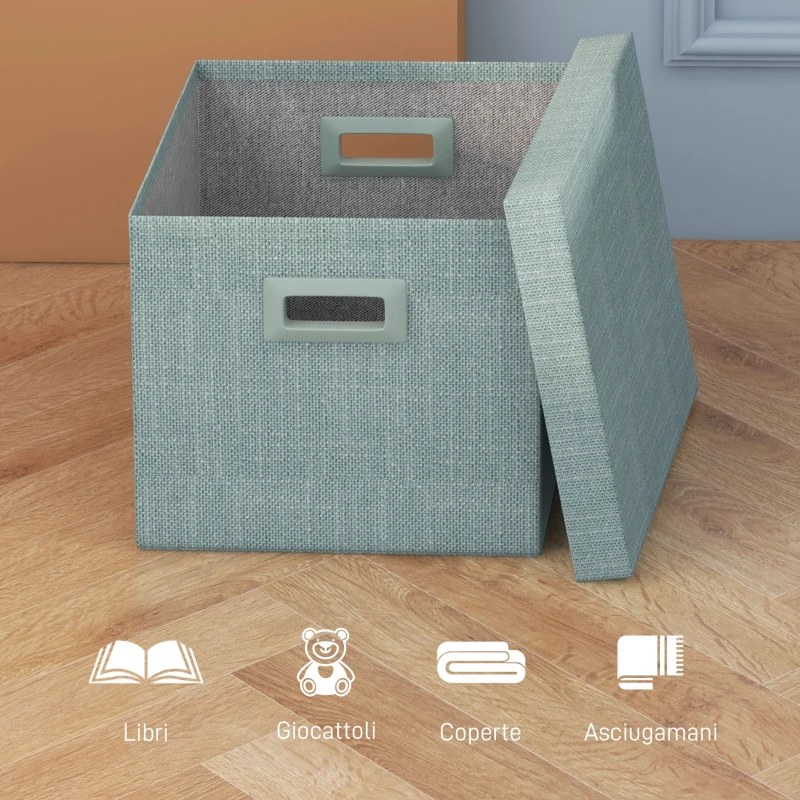 HOMCOM Set 4 Scatole per Armadi in Tessuto con Coperchio e Pieghevoli 30x30x29cm, Blu, Crema, Verde e Grigio Chiaro