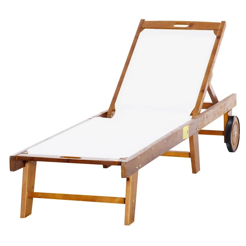 Outsunny Sonnenliege Relaxliege Gartenliege Gartenmöbel verstellbar Akazienholz Textil Natur+Weiß 198 x 60 x 55-88 cm