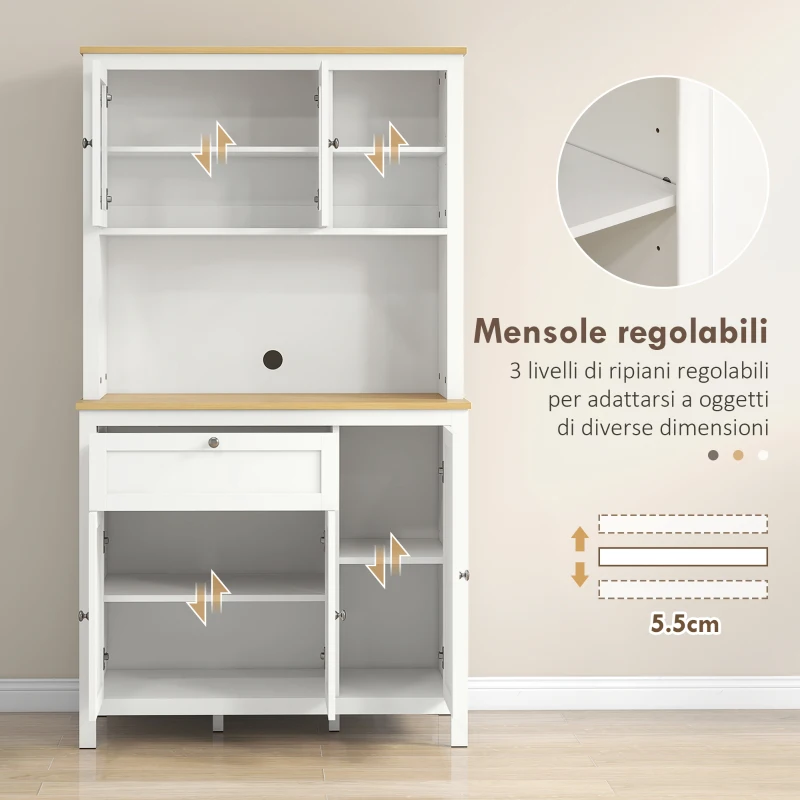 HOMCOM Dispensa Cucina con Cassetti, Ripiani Aperti e Scaffali Regolabili in Legno, 100x40x180 cm, Bianco