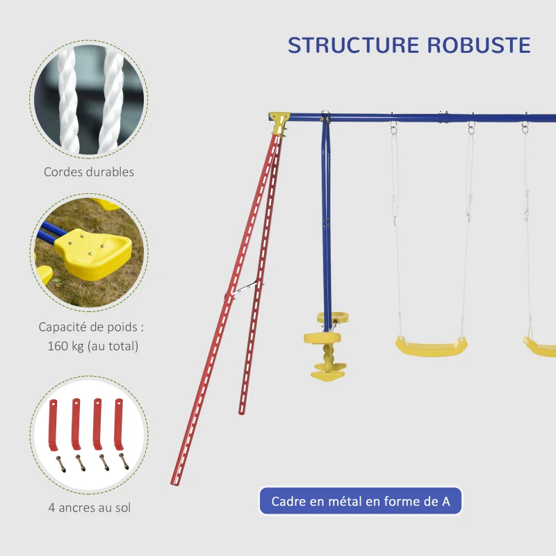Outsunny Balançoire 3 agrès portique avec 2 balançoires et Face à Face dim. 2,9L x 1,8l x 1,96H m métal époxy anticorrosion PE Rouge Bleu Jaune