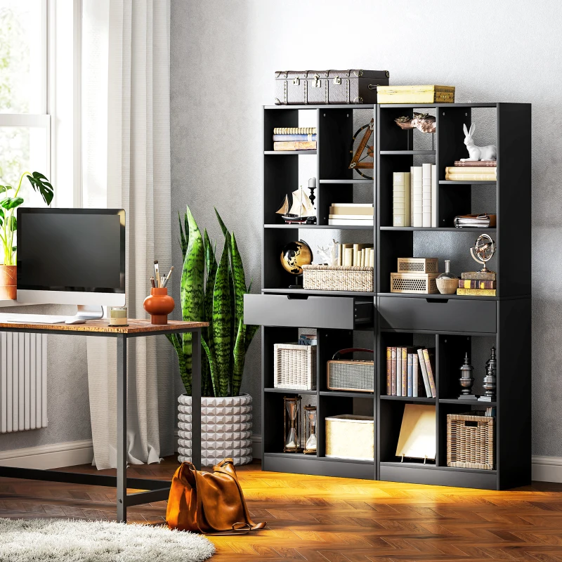 HOMCOM Estantería para Libros con 1 Cajón y 9 Compartimentos Mueble Librería para Salón Oficina Estudio 60x26x158cm Negro