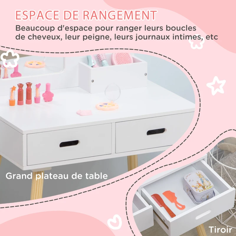 ZONEKIZ Coiffeuse enfant table de maquillage avec tabouret miroir et 2 tiroirs 3 à 6 ans 60 x 40 x 95 cm blanc et bois