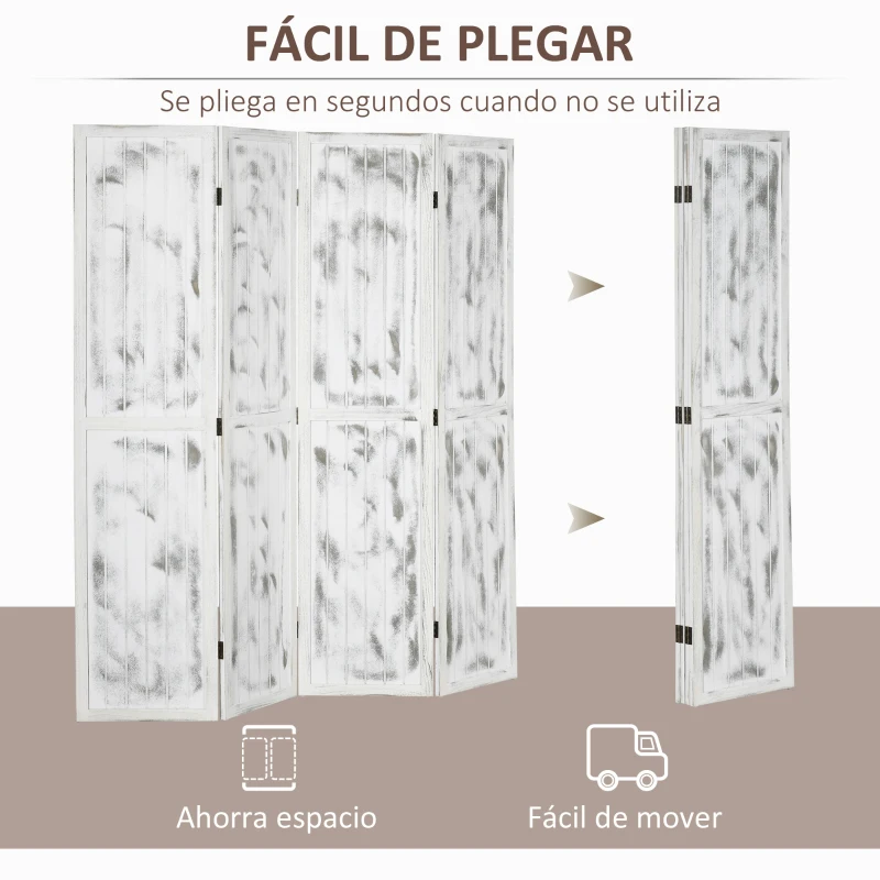 HOMCOM Biombo Divisor Separador de Ambientes de 4 Paneles Plegables de Madera de Paulonia 160,5x170 cm Blanco Rústico